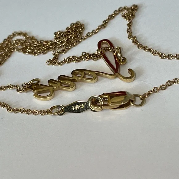 Solid Stamped14K Yellow Gold Word LOVE Cursive Script Text Necklace